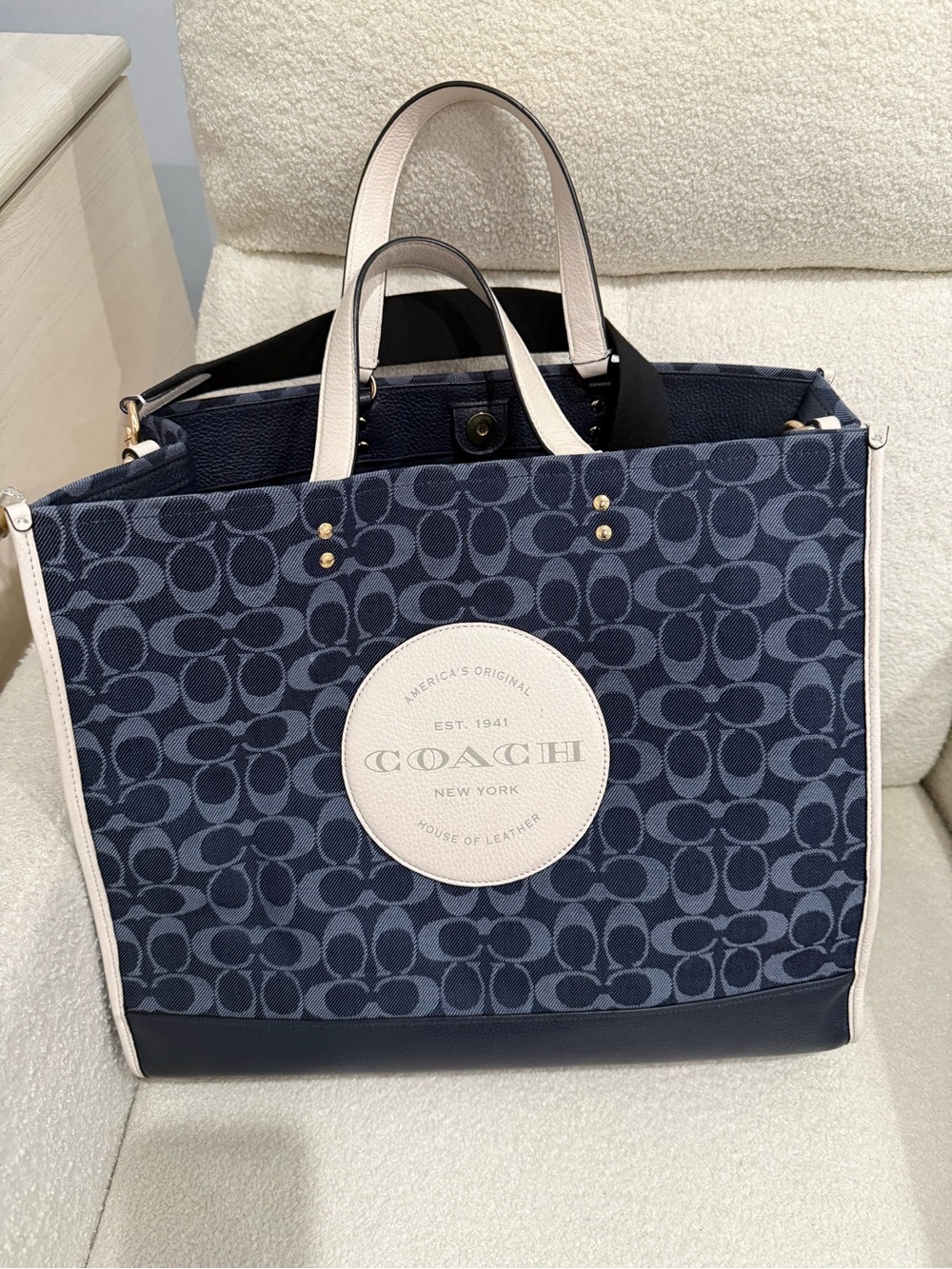 Coach Navy Signature Canvas Tote with Cream Trim and Logo Patch
